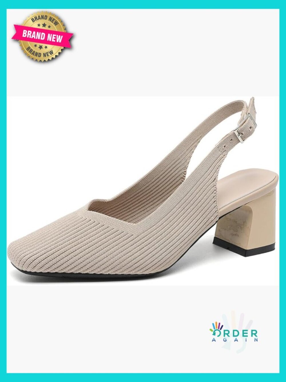 Slingback Block Heel Pumps with Elastic Ankle Strap Comfort Square Toe Backless
